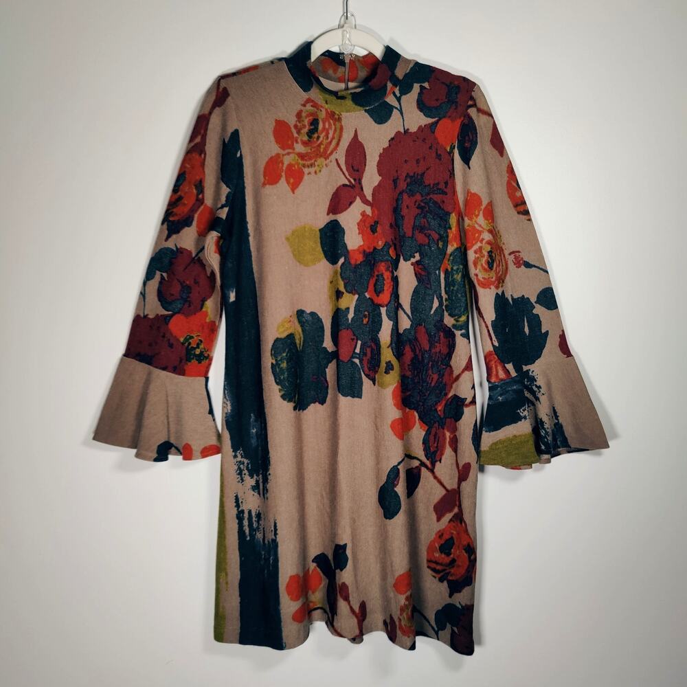 Vintage Lord & Taylor Mock Neck Floral Mod Dress Bell Sleeve L Bold Retro